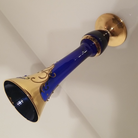 70s Vintage 24 Carat Gilded Venetian Cobalt Blue Blown Glass Bud Vase - Picture 11 of 17